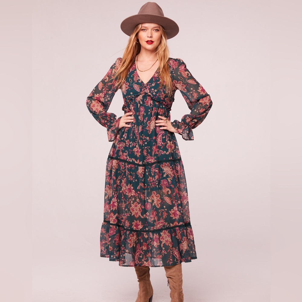 RUN THE WORLD PINE PAISLEY EMPIRE WAIST MIDI DRESS